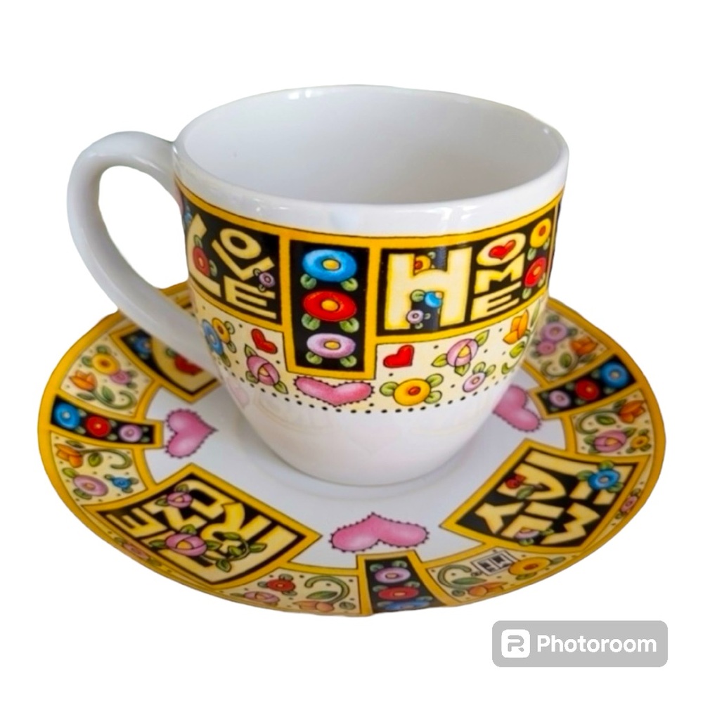 Mary Englebreit tea cup and saucer set home, family,love,friends 90s cottagecore